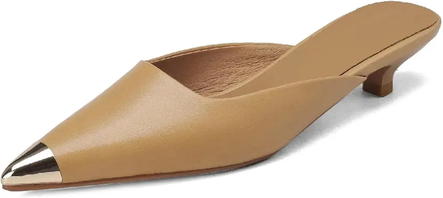 Women's Genuine Leather Metal Pointed Toe Mules - Low Heels Spring Summer, Casual Office