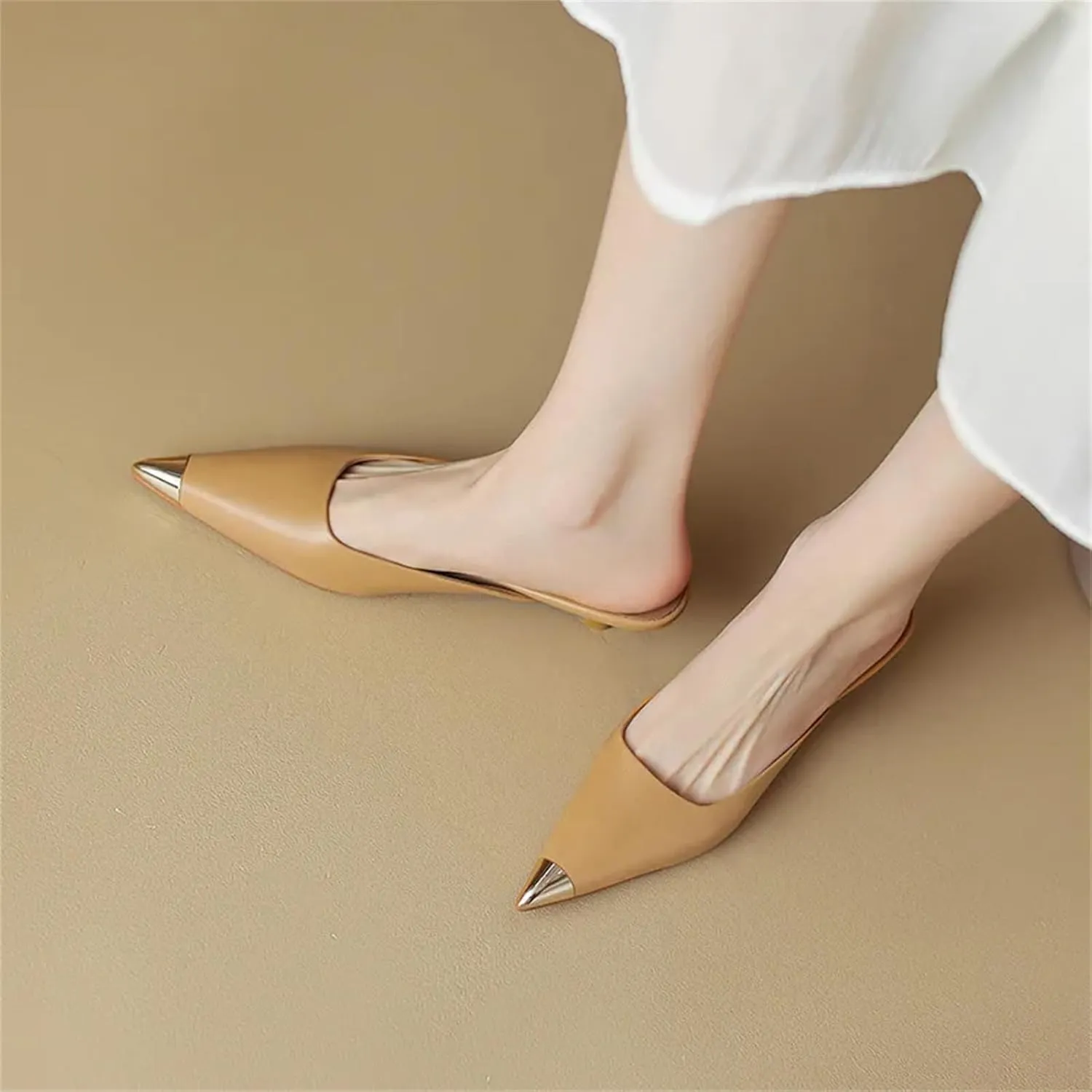 Women's Genuine Leather Metal Pointed Toe Mules - Low Heels Spring Summer, Casual Office