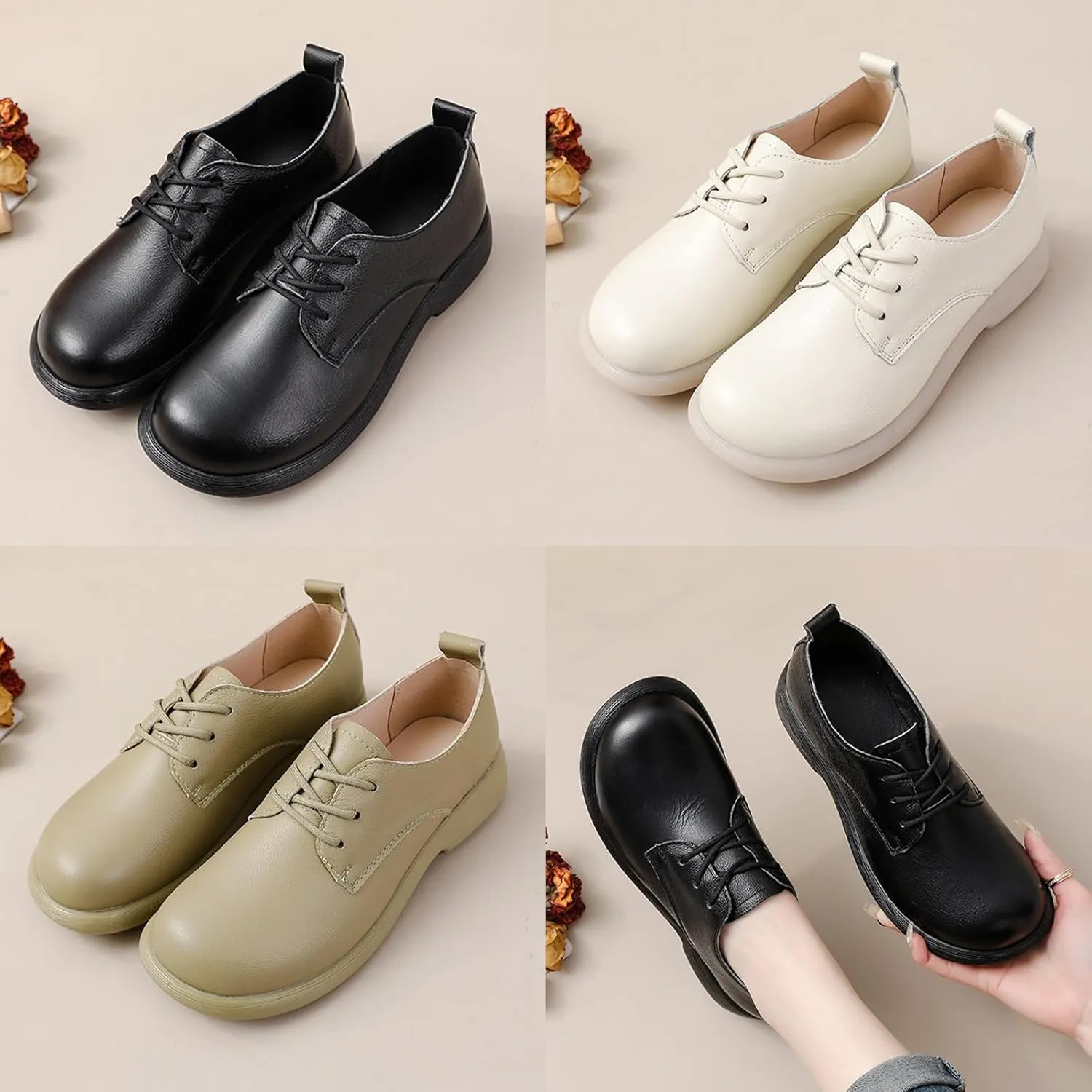 Women's Leather Oxford Dress Shoes,Classic Comfort Round Toe Lace-up Non-Slip Cushion Softsole Business Casual Shoes