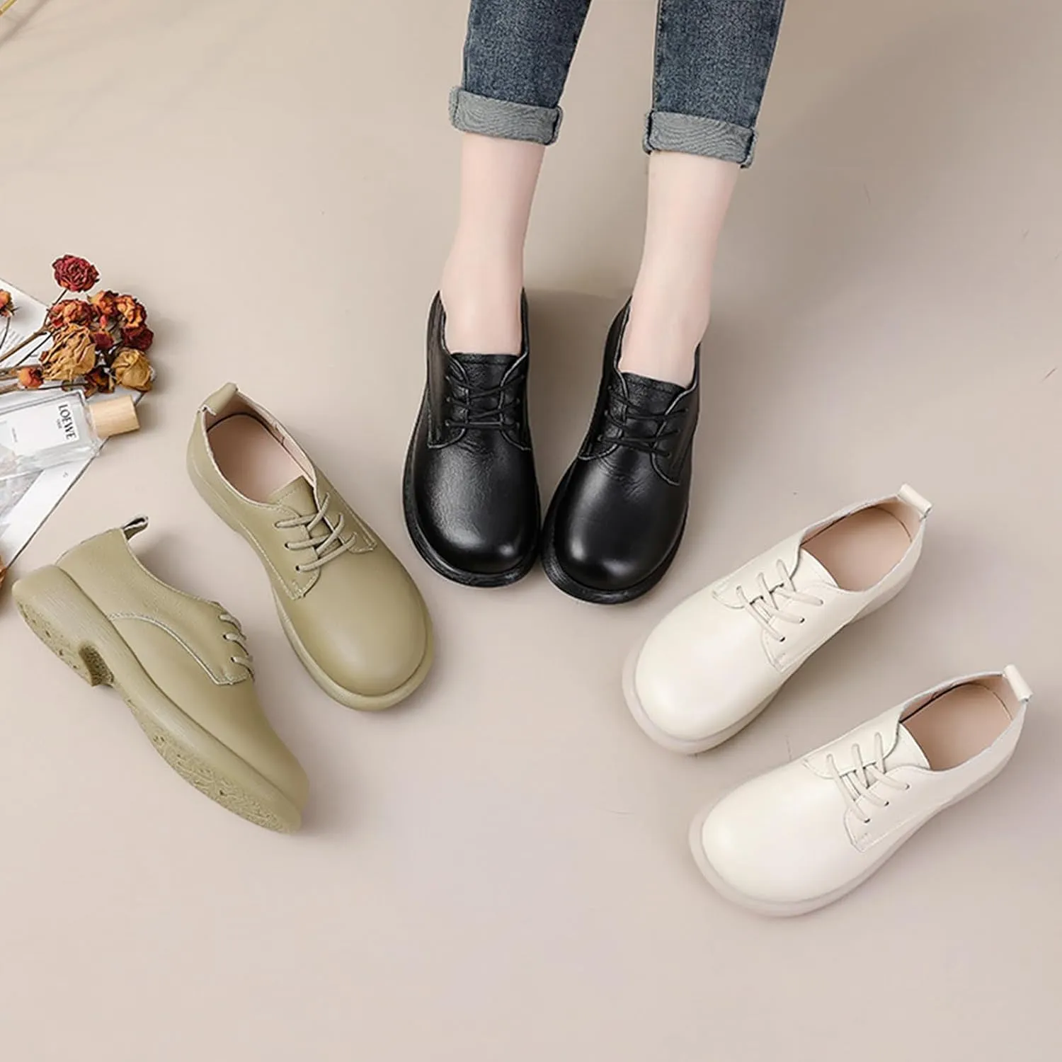 Women's Leather Oxford Dress Shoes,Classic Comfort Round Toe Lace-up Non-Slip Cushion Softsole Business Casual Shoes