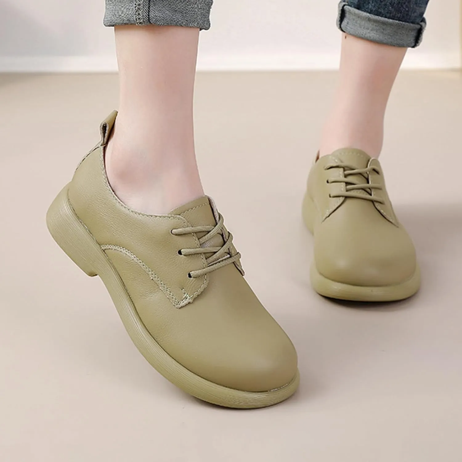 Women's Leather Oxford Dress Shoes,Classic Comfort Round Toe Lace-up Non-Slip Cushion Softsole Business Casual Shoes
