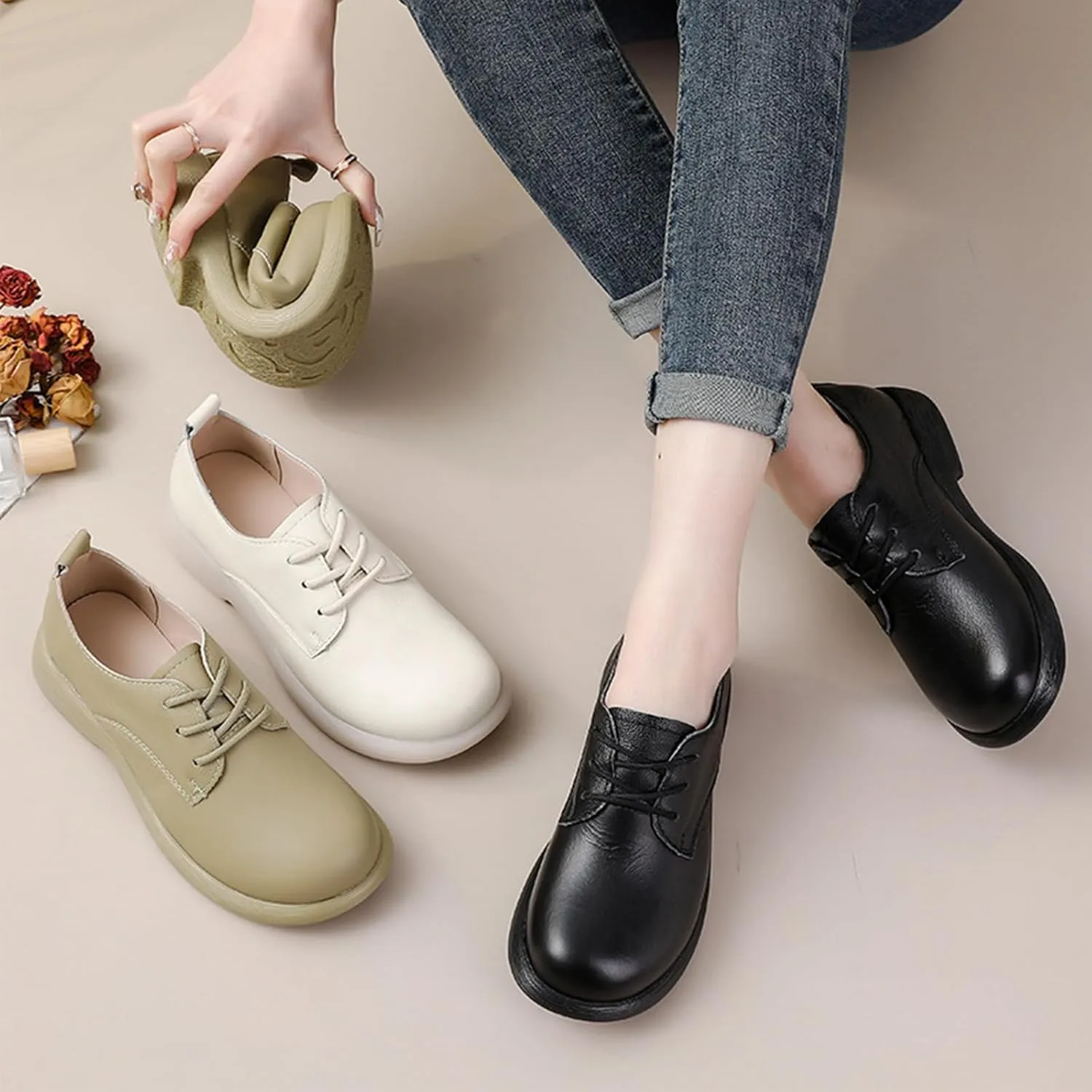 Women's Leather Oxford Dress Shoes,Classic Comfort Round Toe Lace-up Non-Slip Cushion Softsole Business Casual Shoes