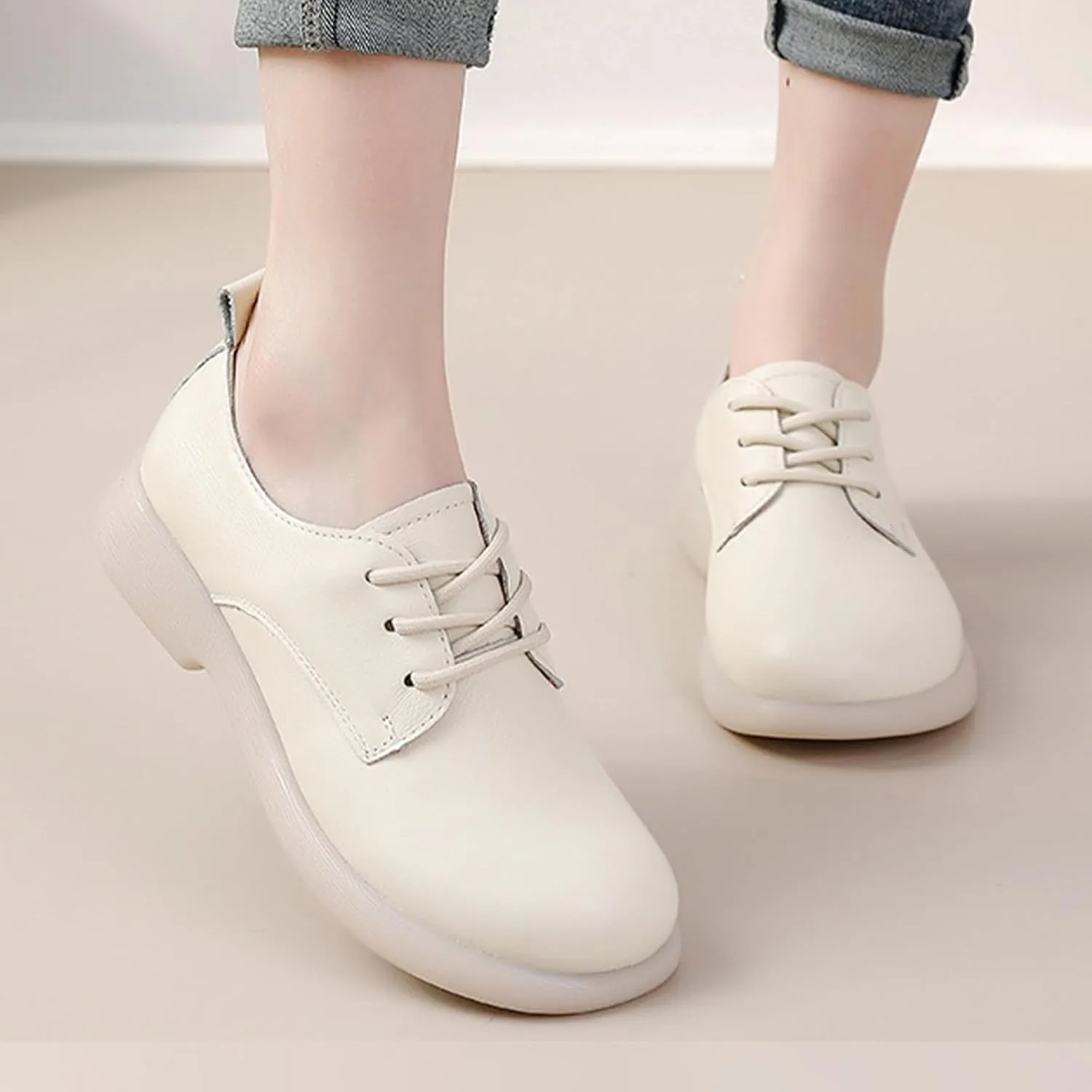 Women's Leather Oxford Dress Shoes,Classic Comfort Round Toe Lace-up Non-Slip Cushion Softsole Business Casual Shoes