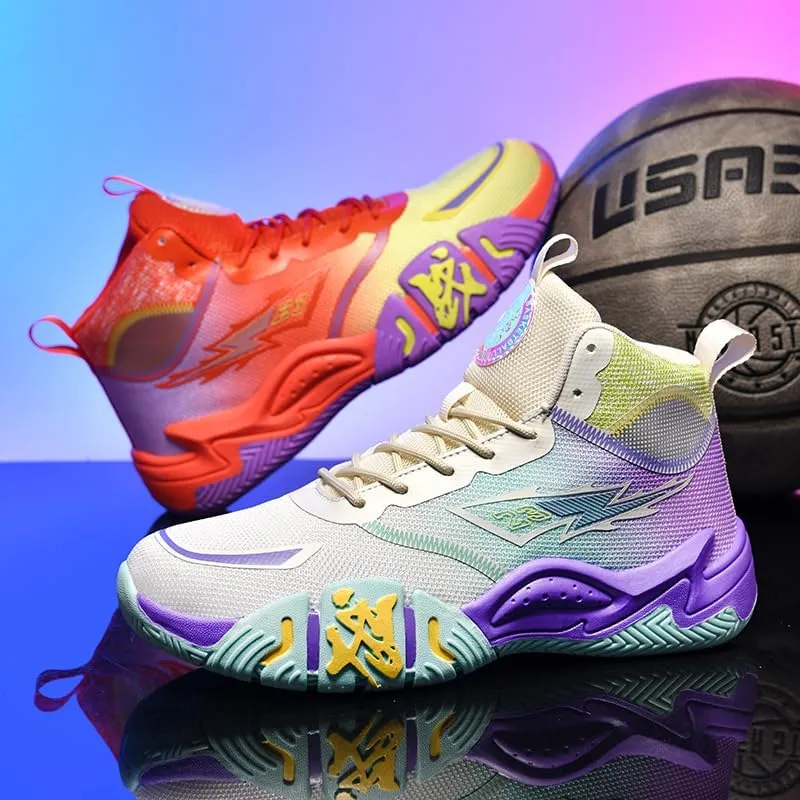 Women's Men's Lace Up High Top Basketball Shoes Lightweight Breathable Non-Slip Tennis Sneakers Fashionable Graffiti Training Shoes