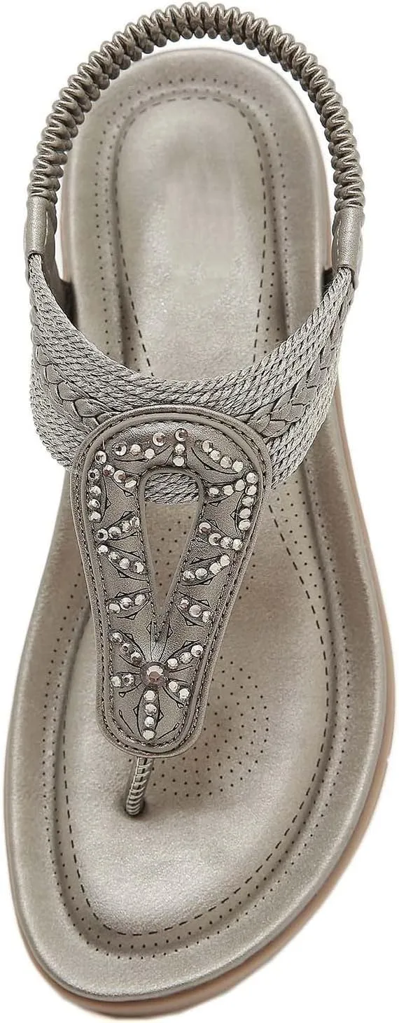 Women's Orthopedic Arch Support Sandals Thong T-Strap Sparkly Rhinestone Flat Sandals with Elastic Strap Beach Flip Flops