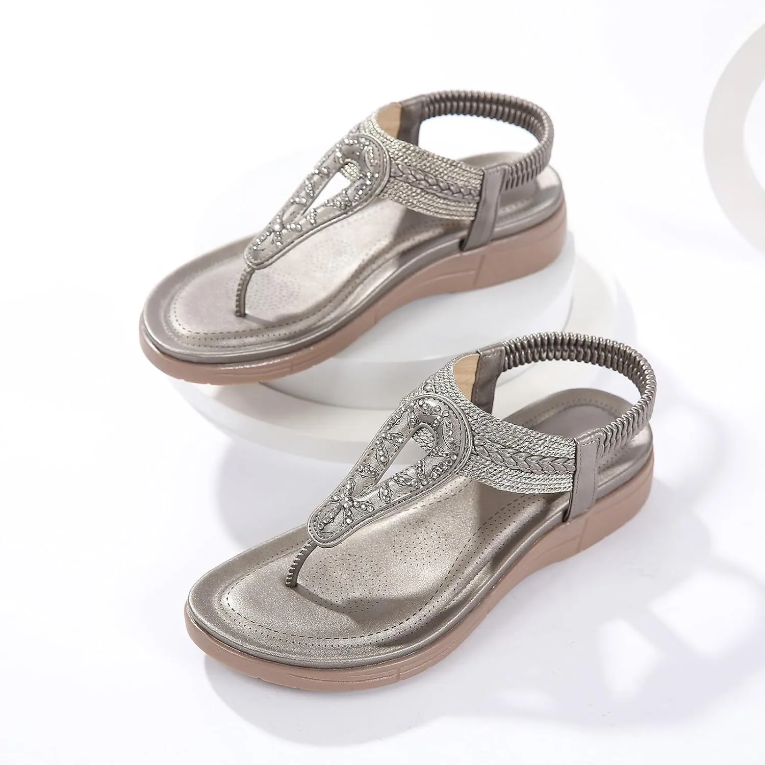 Women's Orthopedic Arch Support Sandals Thong T-Strap Sparkly Rhinestone Flat Sandals with Elastic Strap Beach Flip Flops