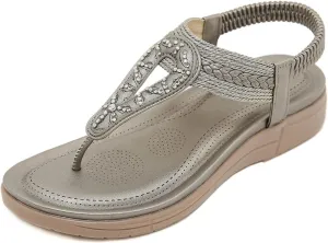Women's Orthopedic Arch Support Sandals Thong T-Strap Sparkly Rhinestone Flat Sandals with Elastic Strap Beach Flip Flops