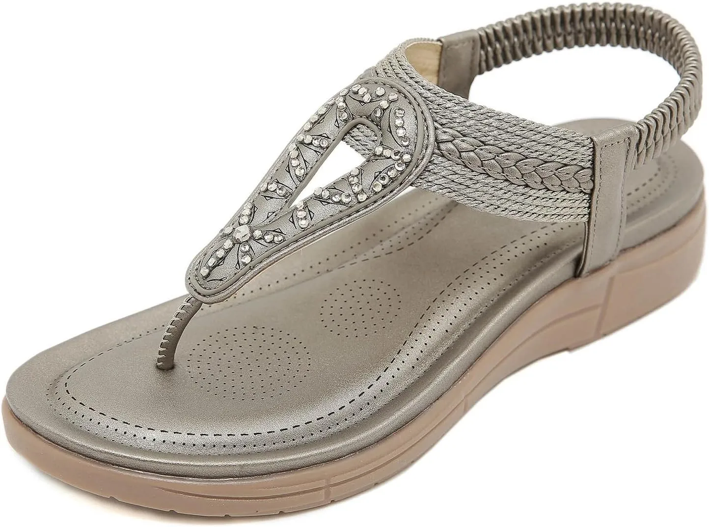 Women's Orthopedic Arch Support Sandals Thong T-Strap Sparkly Rhinestone Flat Sandals with Elastic Strap Beach Flip Flops