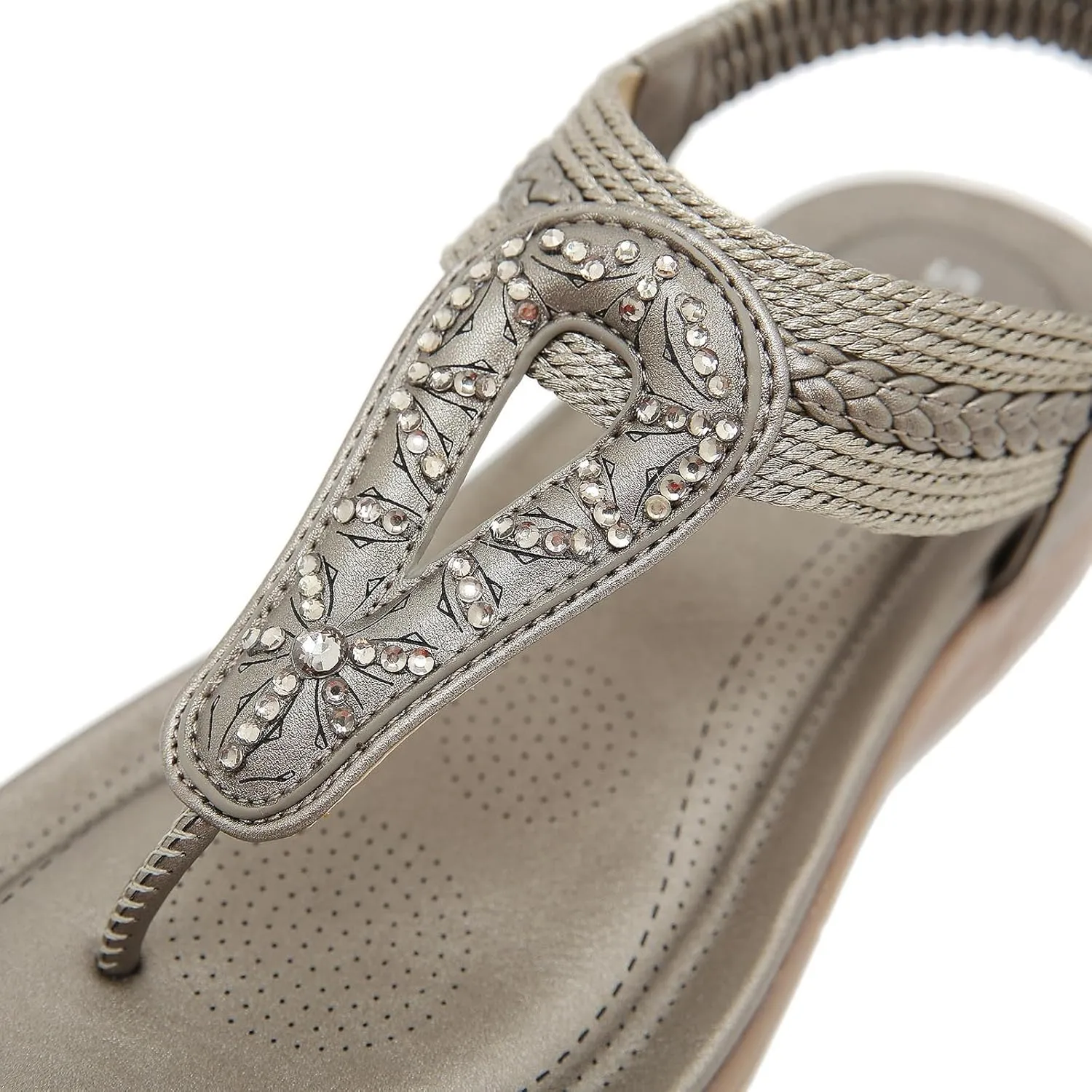 Women's Orthopedic Arch Support Sandals Thong T-Strap Sparkly Rhinestone Flat Sandals with Elastic Strap Beach Flip Flops