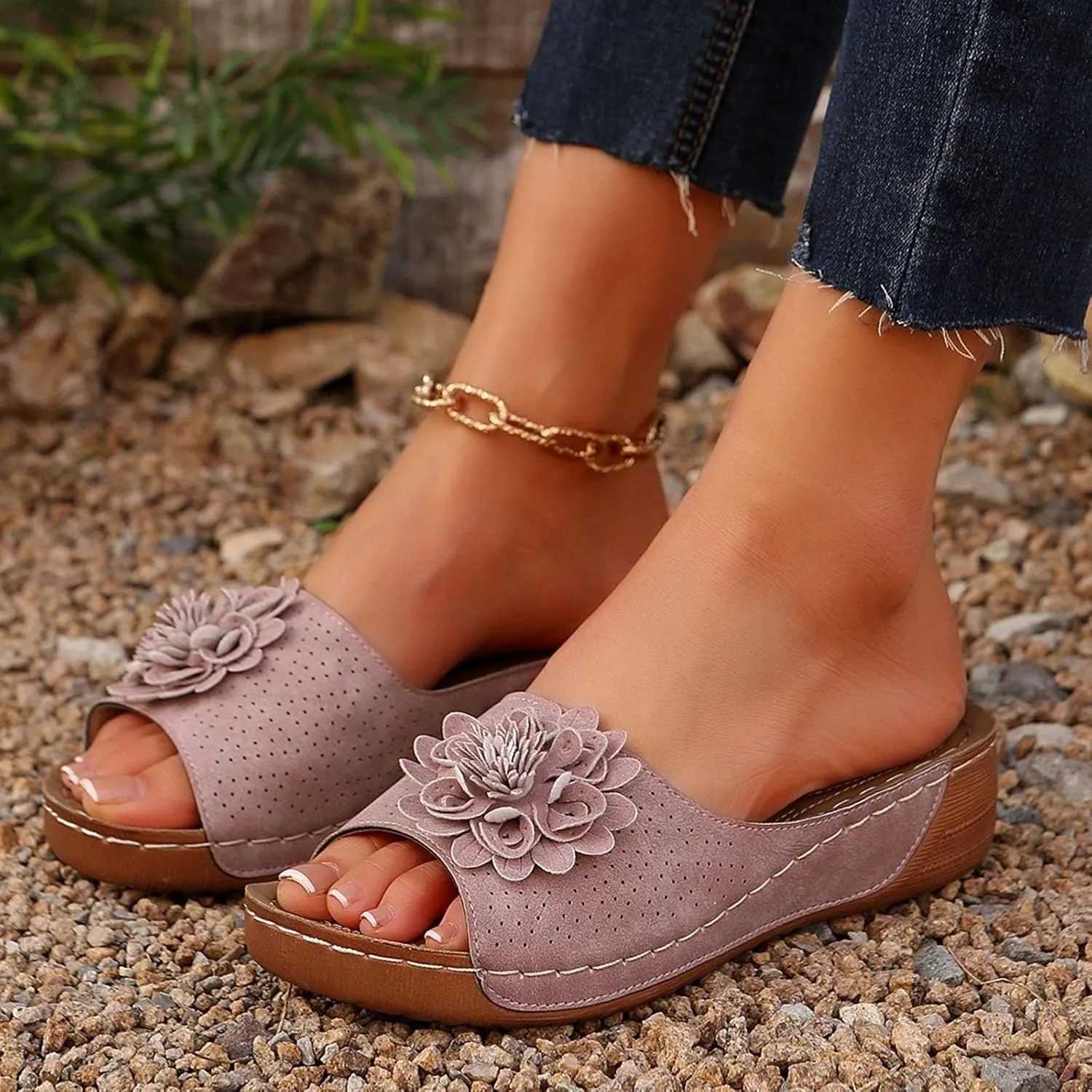 Womens Orthopedic Platform Leather Wedge Shoes Summer Low Wedge Bohemian Leather Breathable Slip On Open Toe Flower Sandals