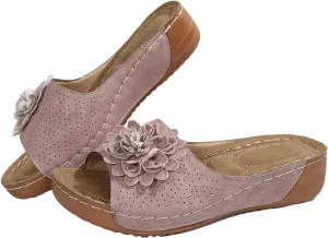 Womens Orthopedic Platform Leather Wedge Shoes Summer Low Wedge Bohemian Leather Breathable Slip On Open Toe Flower Sandals