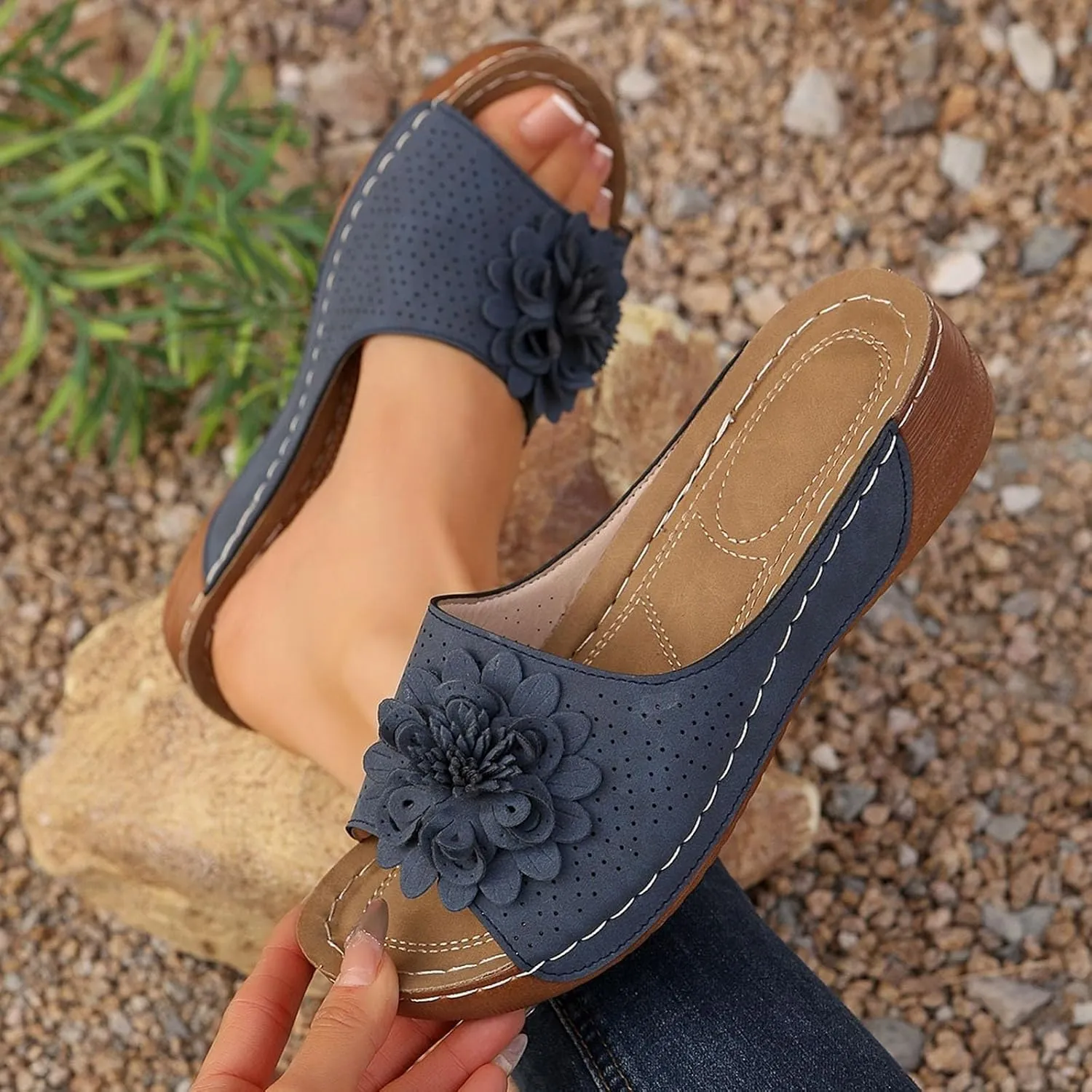 Womens Orthopedic Platform Leather Wedge Shoes Summer Low Wedge Bohemian Leather Breathable Slip On Open Toe Flower Sandals