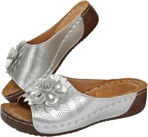 Womens Orthopedic Platform Leather Wedge Shoes Summer Low Wedge Bohemian Leather Breathable Slip On Open Toe Flower Sandals