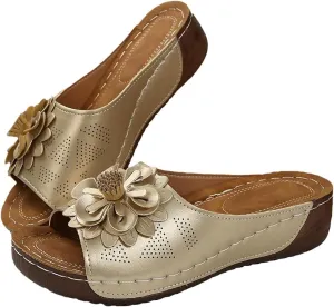 Womens Orthopedic Platform Leather Wedge Shoes Summer Low Wedge Bohemian Leather Breathable Slip On Open Toe Flower Sandals