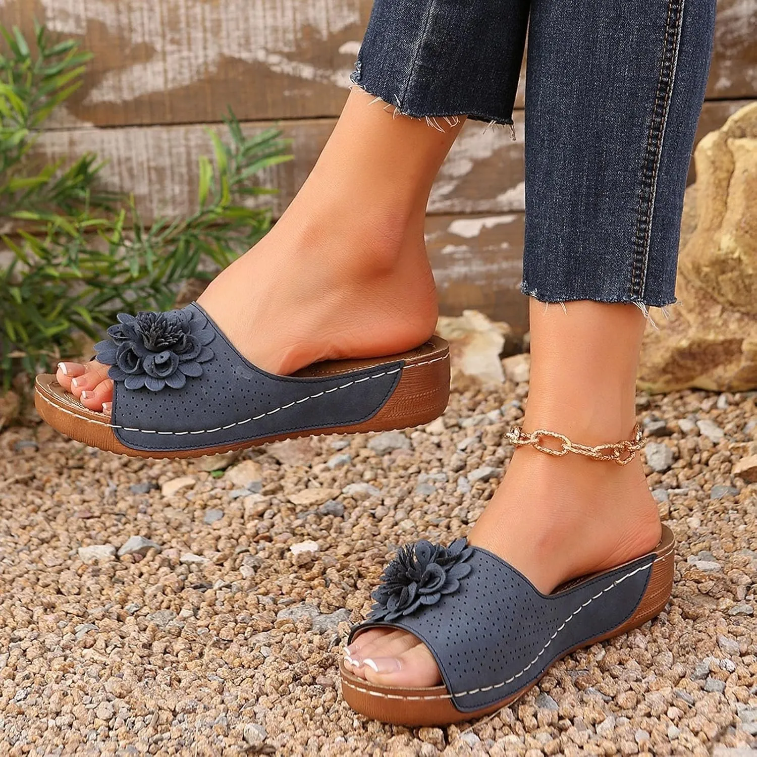 Womens Orthopedic Platform Leather Wedge Shoes Summer Low Wedge Bohemian Leather Breathable Slip On Open Toe Flower Sandals