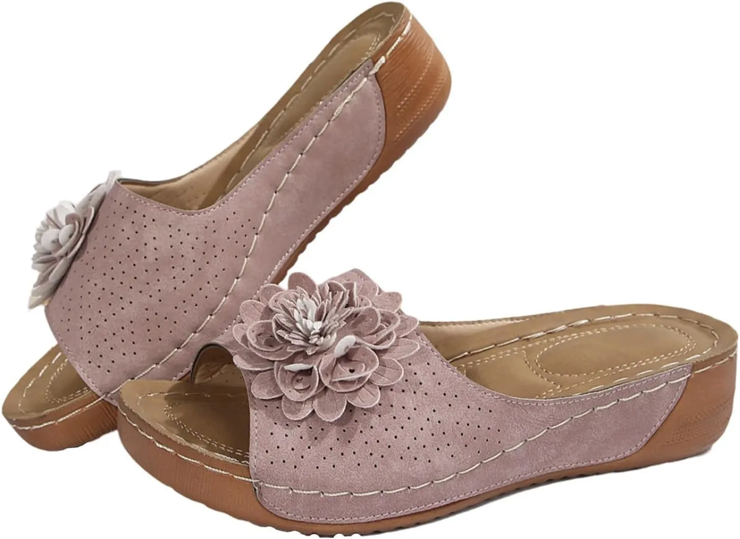 Womens Orthopedic Platform Leather Wedge Shoes Summer Low Wedge Bohemian Leather Breathable Slip On Open Toe Flower Sandals
