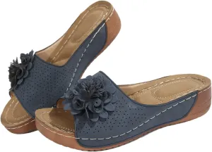 Womens Orthopedic Platform Leather Wedge Shoes Summer Low Wedge Bohemian Leather Breathable Slip On Open Toe Flower Sandals