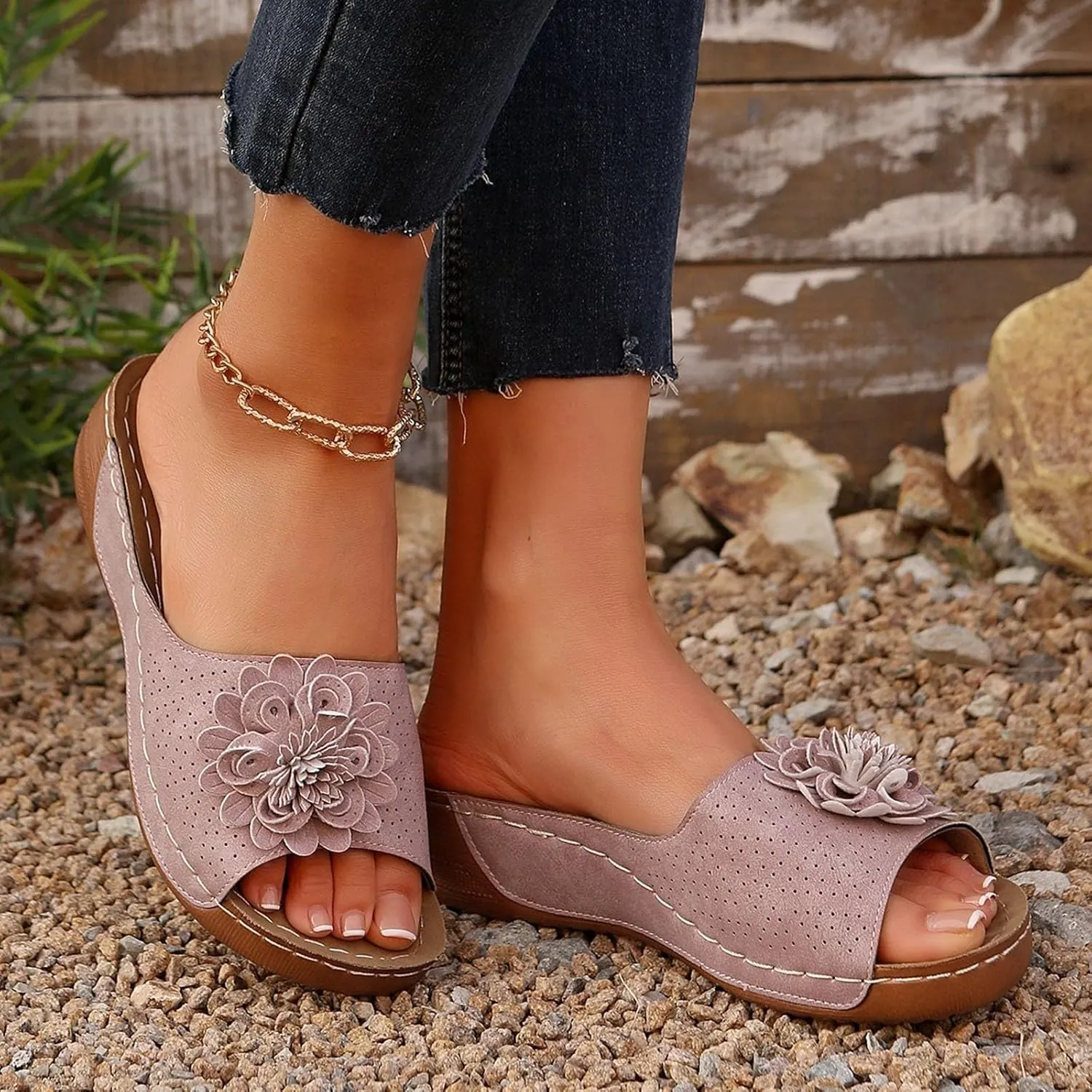 Womens Orthopedic Platform Leather Wedge Shoes Summer Low Wedge Bohemian Leather Breathable Slip On Open Toe Flower Sandals