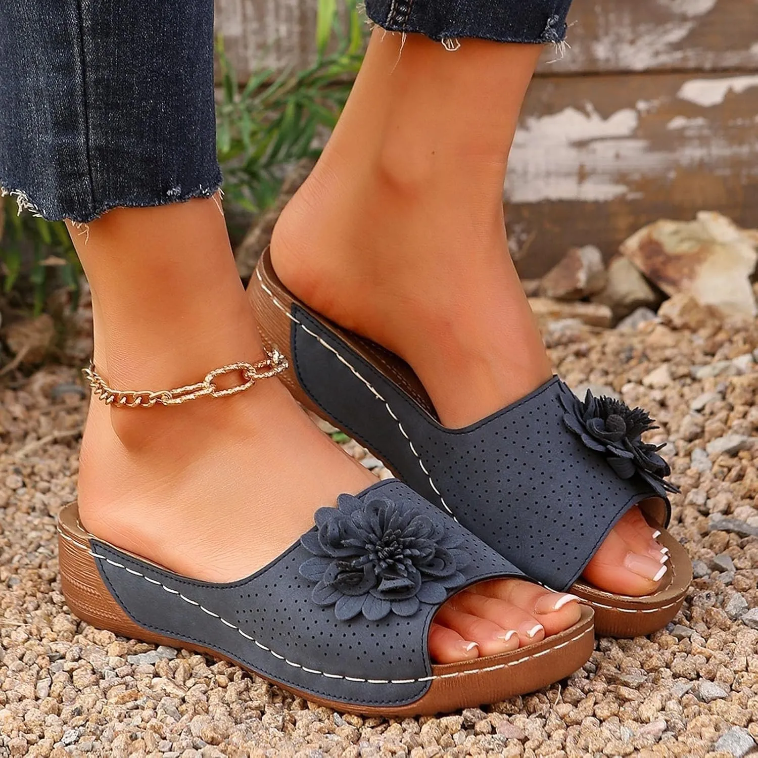 Womens Orthopedic Platform Leather Wedge Shoes Summer Low Wedge Bohemian Leather Breathable Slip On Open Toe Flower Sandals