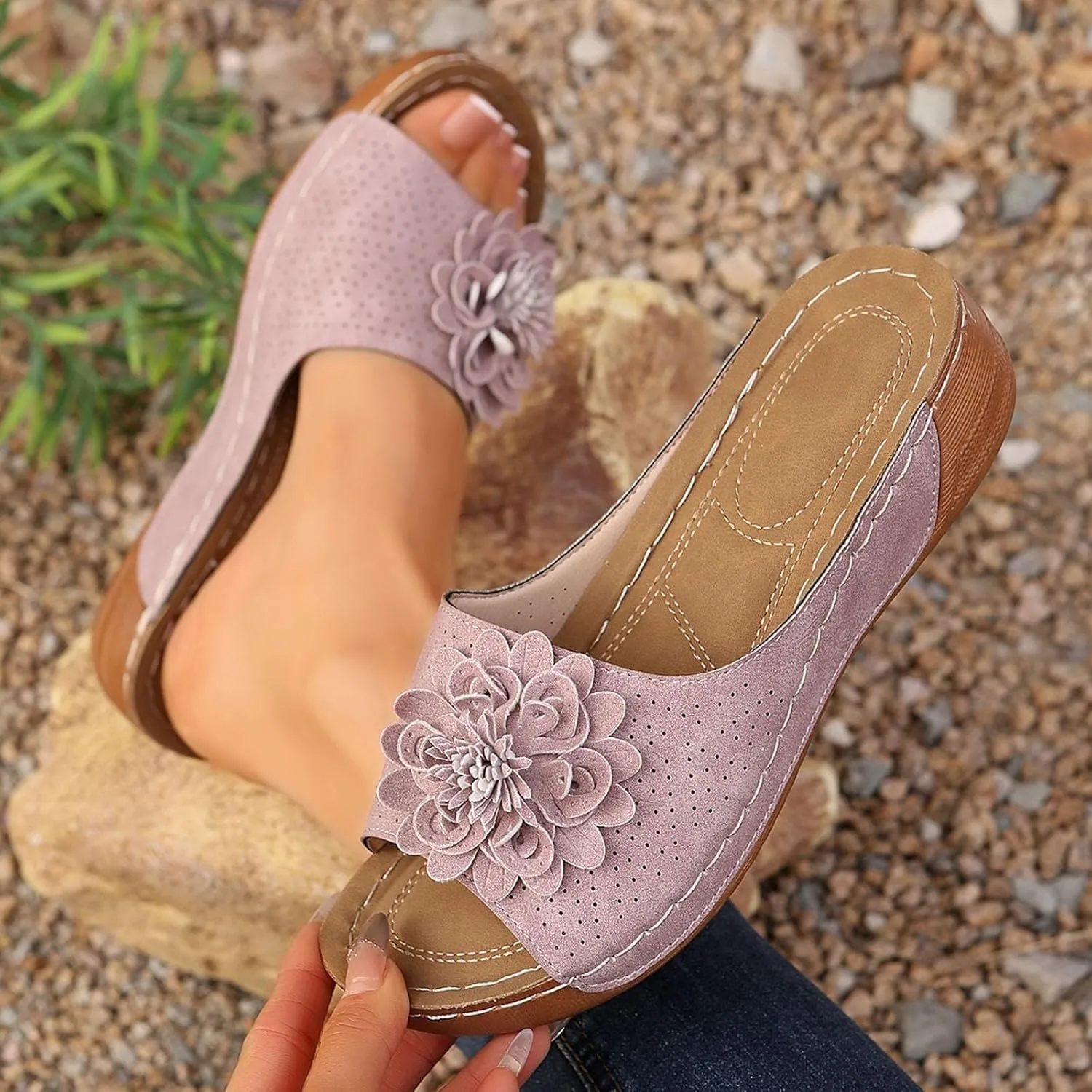 Womens Orthopedic Platform Leather Wedge Shoes Summer Low Wedge Bohemian Leather Breathable Slip On Open Toe Flower Sandals