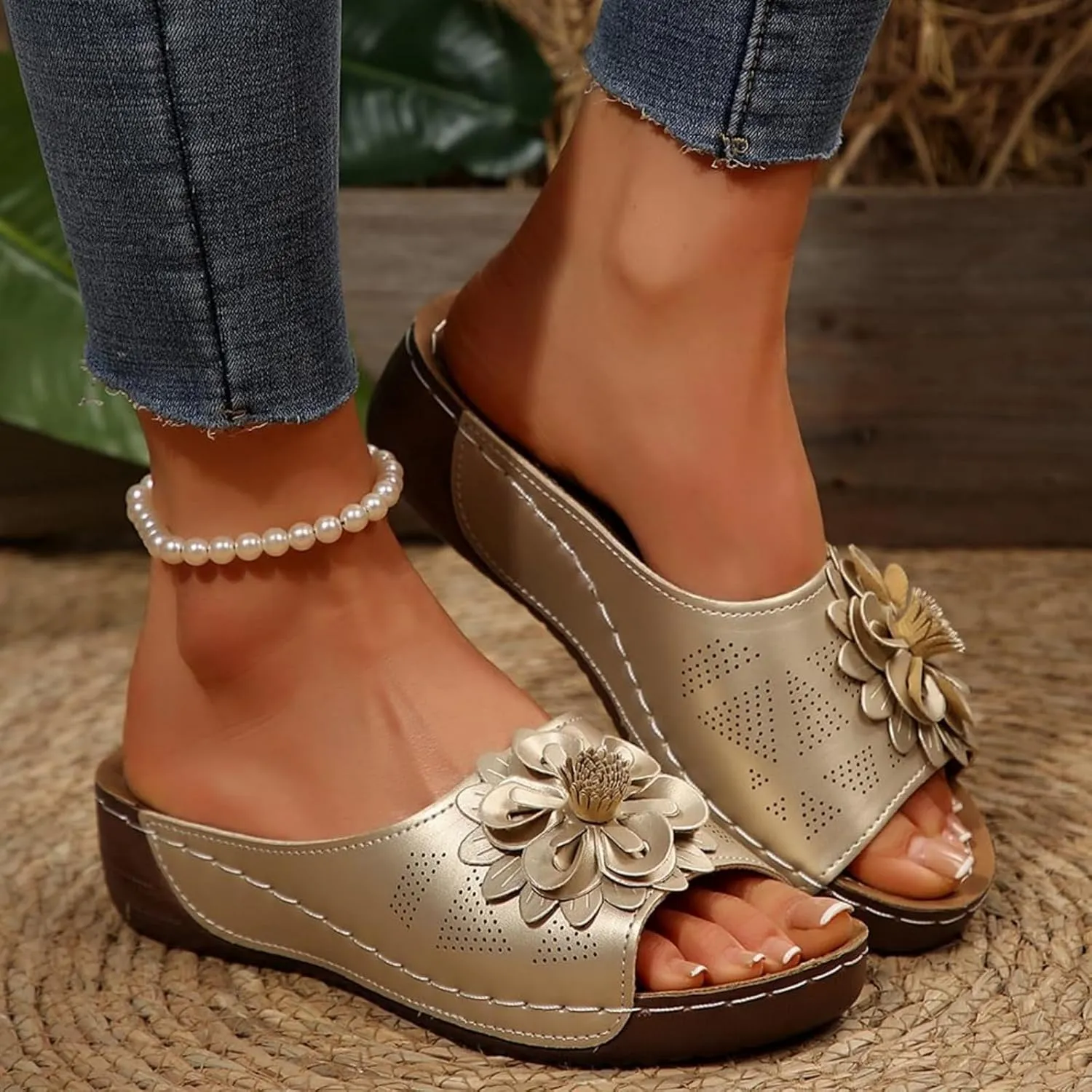 Womens Orthopedic Platform Leather Wedge Shoes Summer Low Wedge Bohemian Leather Breathable Slip On Open Toe Flower Sandals