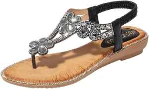Women's Sandals Arch Support Sandals T-Strap Bohemian Beaded Flat Sandals Summer Beach Shoes Elastic Ankle Strap Sandal