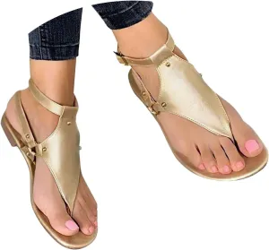Women's Sandals Summer Casual T-Strap Faux Leather Flip Flops Buckle Ankle Strap Thong Gladiator Flat Sandals