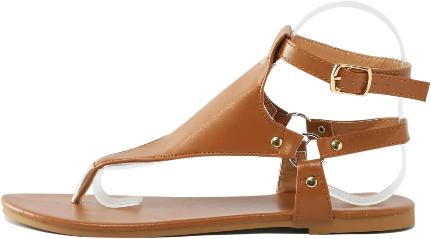 Women's Sandals Summer Casual T-Strap Faux Leather Flip Flops Buckle Ankle Strap Thong Gladiator Flat Sandals
