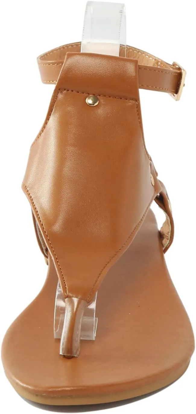 Women's Sandals Summer Casual T-Strap Faux Leather Flip Flops Buckle Ankle Strap Thong Gladiator Flat Sandals