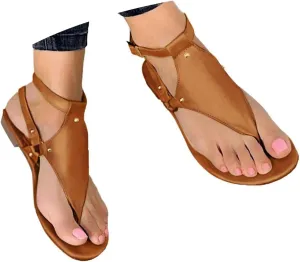 Women's Sandals Summer Casual T-Strap Faux Leather Flip Flops Buckle Ankle Strap Thong Gladiator Flat Sandals