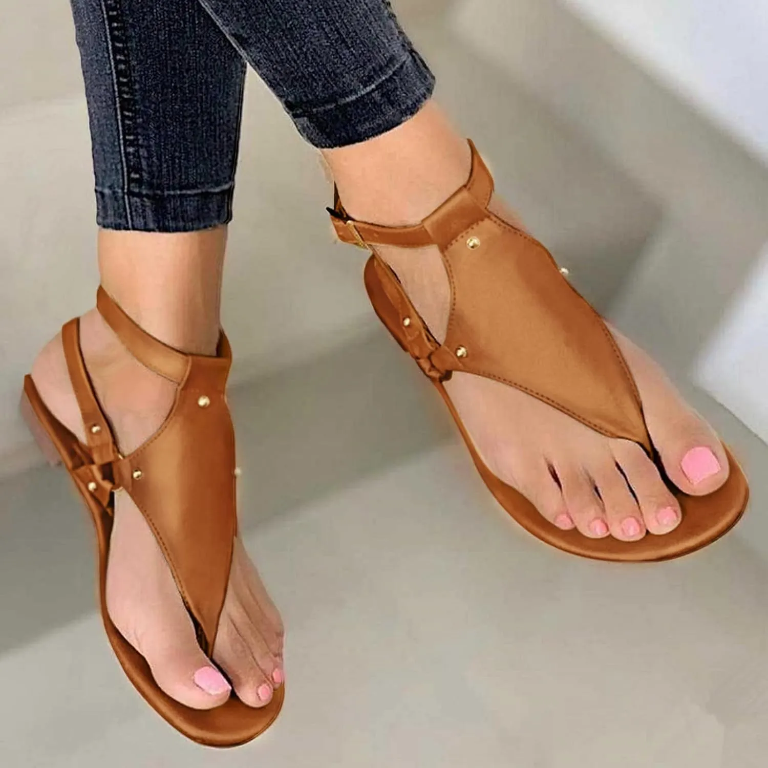 Women's Sandals Summer Casual T-Strap Faux Leather Flip Flops Buckle Ankle Strap Thong Gladiator Flat Sandals