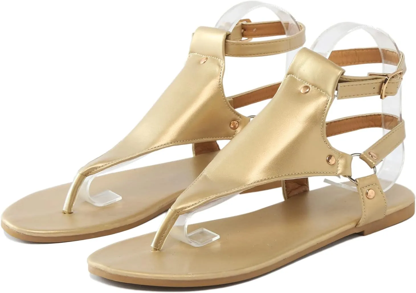 Women's Sandals Summer Casual T-Strap Faux Leather Flip Flops Buckle Ankle Strap Thong Gladiator Flat Sandals