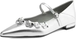 Women's Sheepskin Flower Applique Sandals - Pointed Toe Low Heels Summer Oriental Style