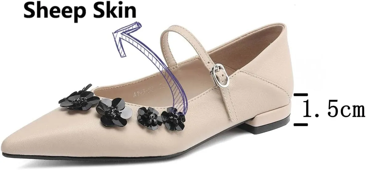 Women's Sheepskin Flower Applique Sandals - Pointed Toe Low Heels Summer Oriental Style