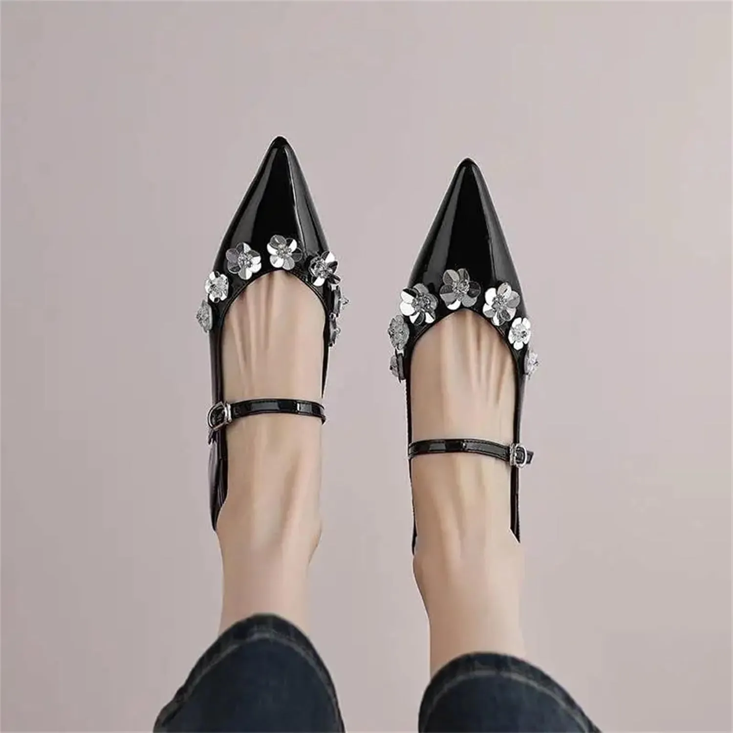 Women's Sheepskin Flower Applique Sandals - Pointed Toe Low Heels Summer Oriental Style