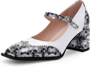 Women's Square Toe Chunky Heel Mary Janes Buckle Strap Wingtip Oxford Pumps Dress Shoes