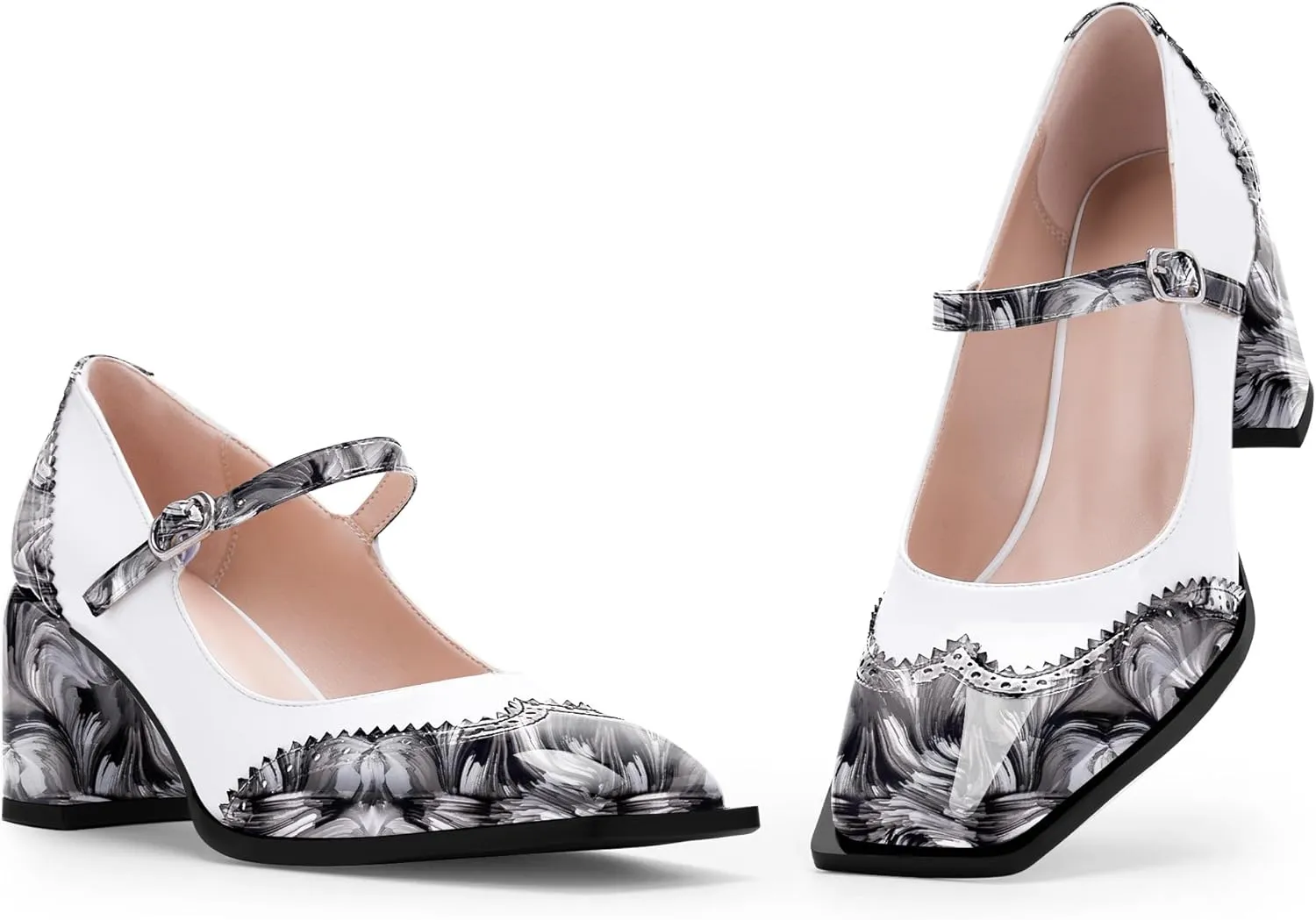 Women's Square Toe Chunky Heel Mary Janes Buckle Strap Wingtip Oxford Pumps Dress Shoes