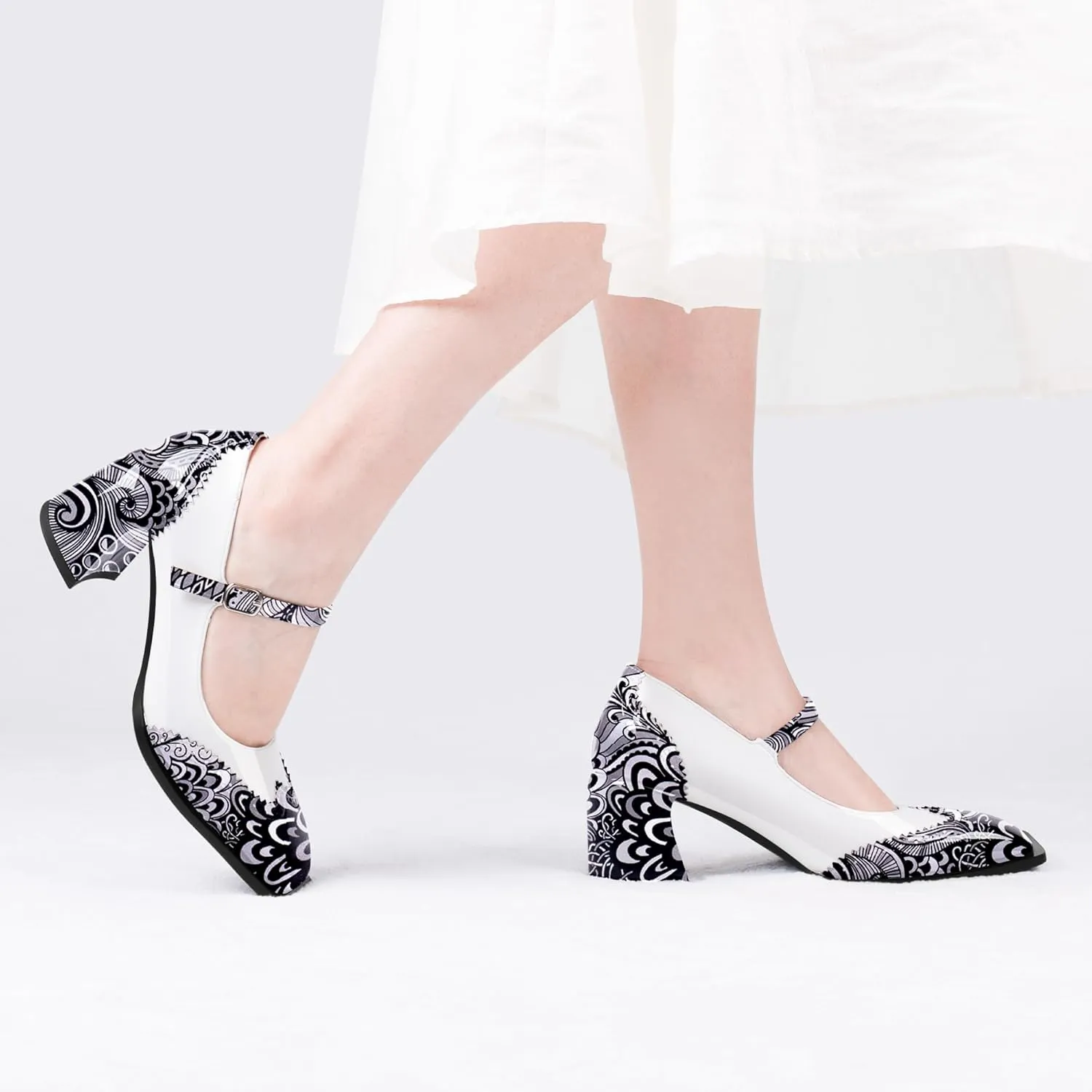 Women's Square Toe Chunky Heel Mary Janes Buckle Strap Wingtip Oxford Pumps Dress Shoes