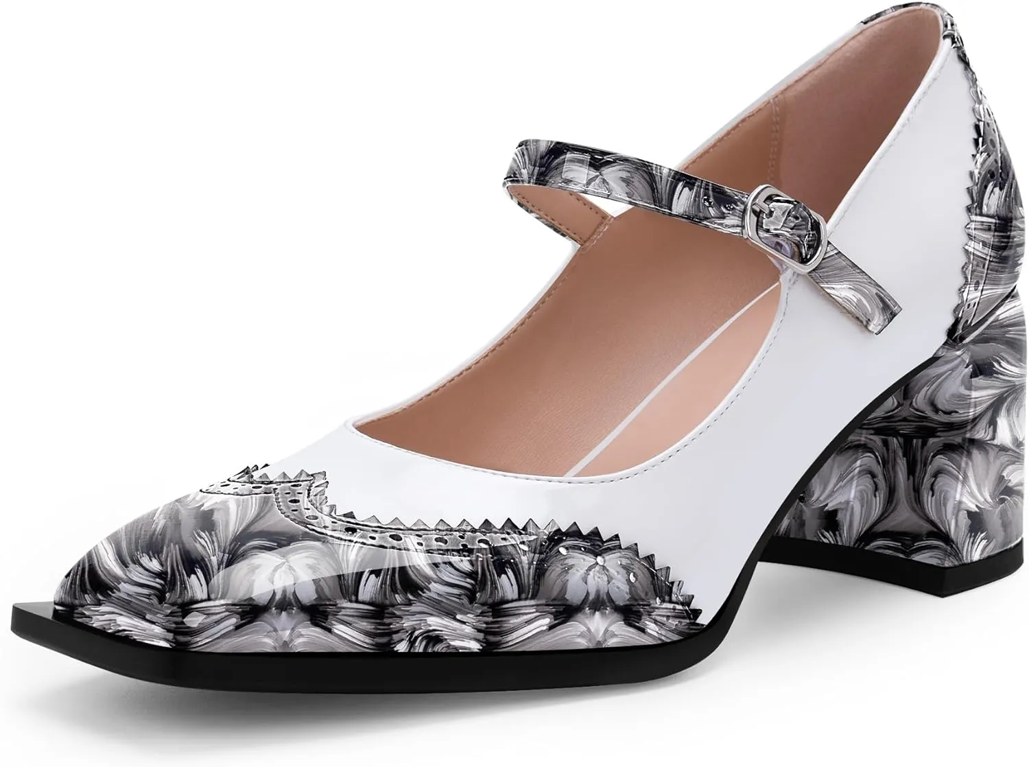 Women's Square Toe Chunky Heel Mary Janes Buckle Strap Wingtip Oxford Pumps Dress Shoes