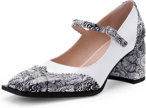 Women's Square Toe Chunky Heel Mary Janes Buckle Strap Wingtip Oxford Pumps Dress Shoes