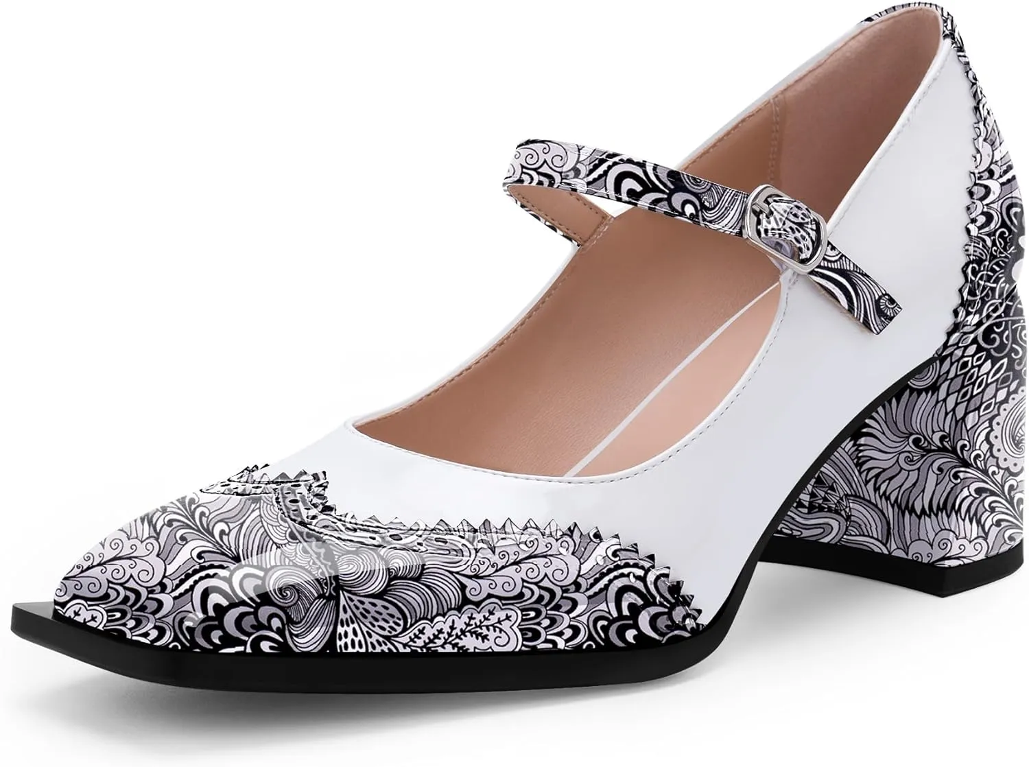 Women's Square Toe Chunky Heel Mary Janes Buckle Strap Wingtip Oxford Pumps Dress Shoes
