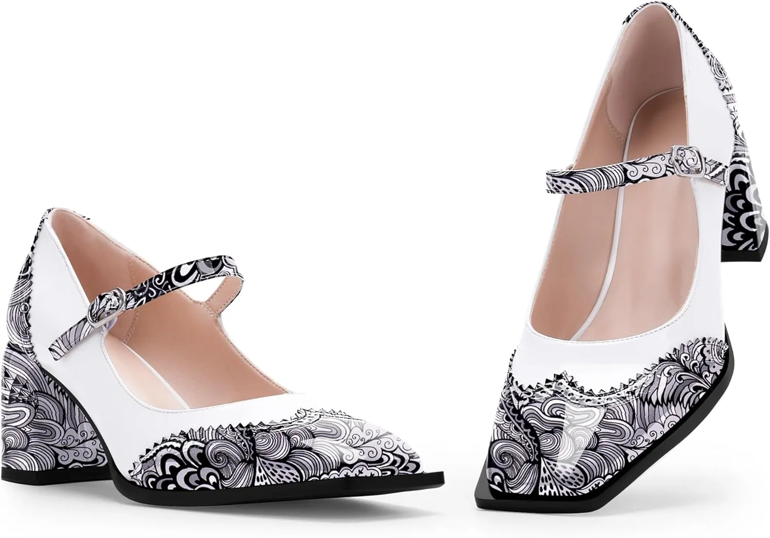 Women's Square Toe Chunky Heel Mary Janes Buckle Strap Wingtip Oxford Pumps Dress Shoes