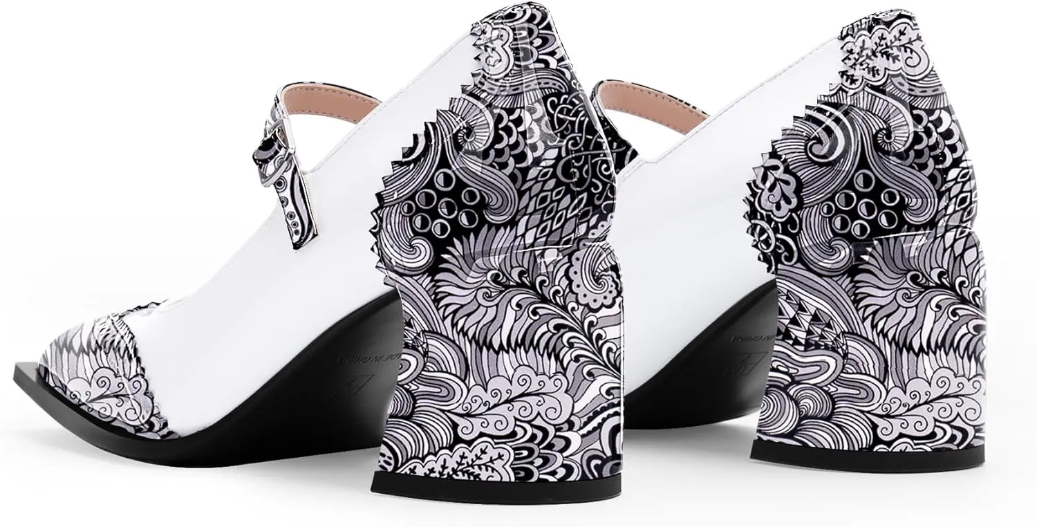 Women's Square Toe Chunky Heel Mary Janes Buckle Strap Wingtip Oxford Pumps Dress Shoes