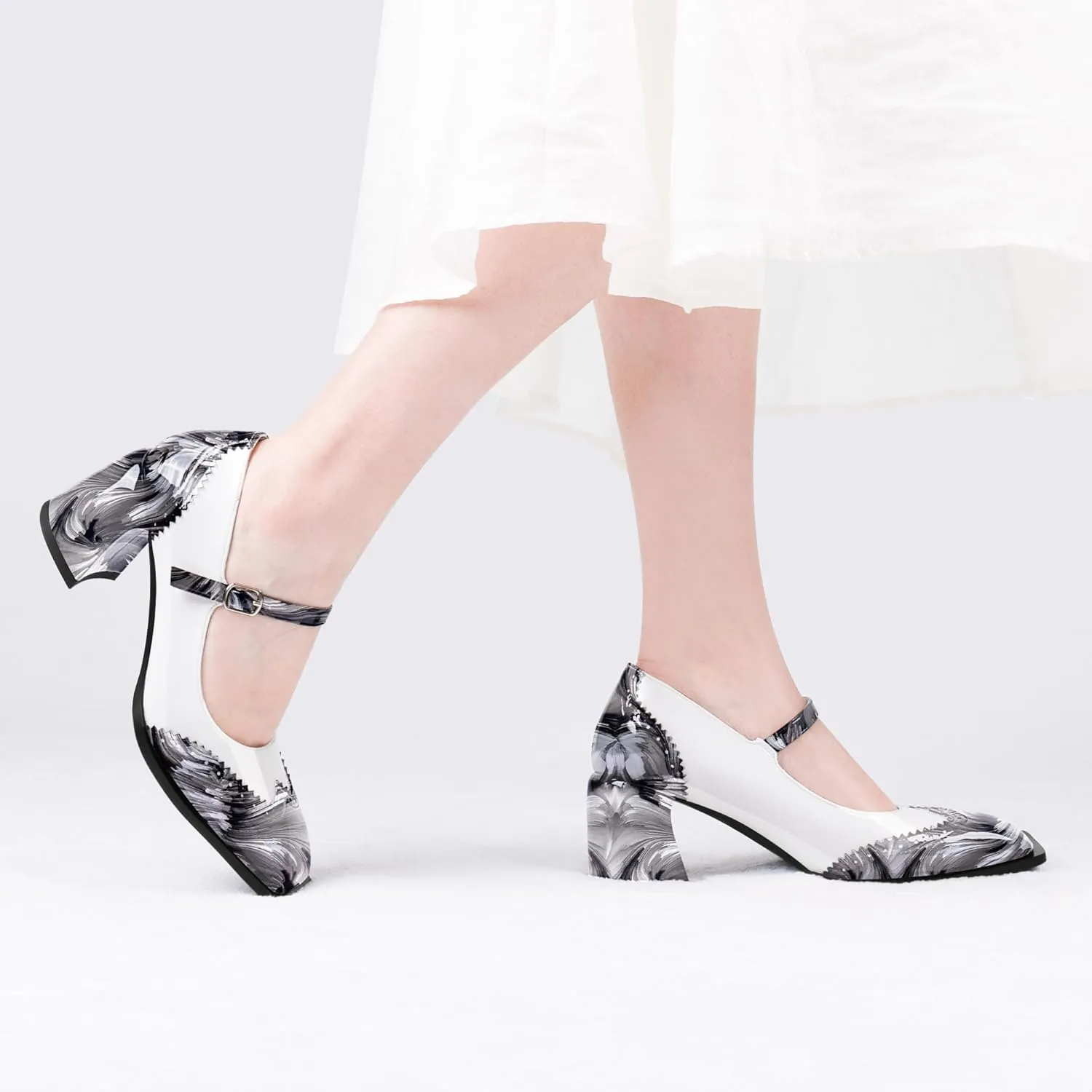 Women's Square Toe Chunky Heel Mary Janes Buckle Strap Wingtip Oxford Pumps Dress Shoes