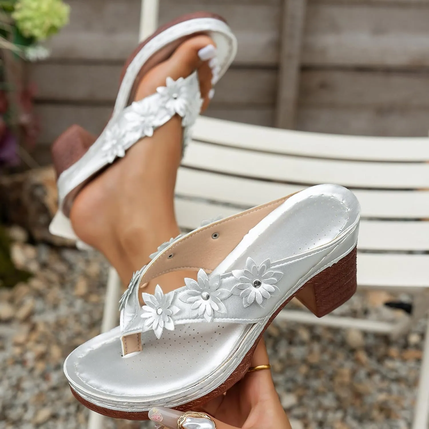 Women's Summer Wedge Sandals Open Toe Dressy Platform Boho Beach Shoes Comfortable Walking Slip on Floral Design Casual Outdoor Footwear for Travel Party