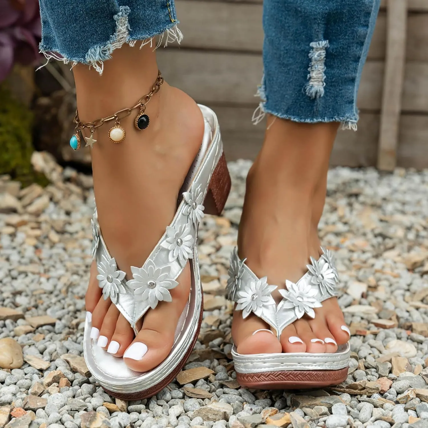 Women's Summer Wedge Sandals Open Toe Dressy Platform Boho Beach Shoes Comfortable Walking Slip on Floral Design Casual Outdoor Footwear for Travel Party