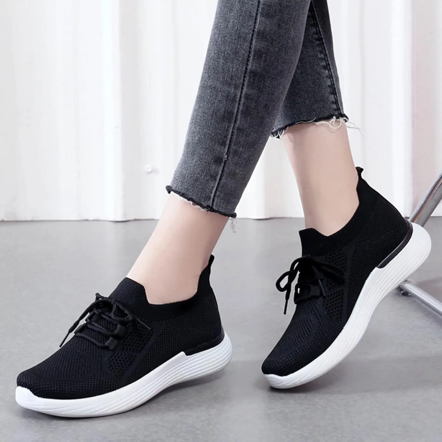 Womens Walking Shoes Wide Width Office Black Women Walking Shoes Sock Sneakers Mesh Slip On Air Womens Casual Shoes with Arch Support Womens Casual Sneakers Wide Women's Size 8 Non Slip Work Shoes