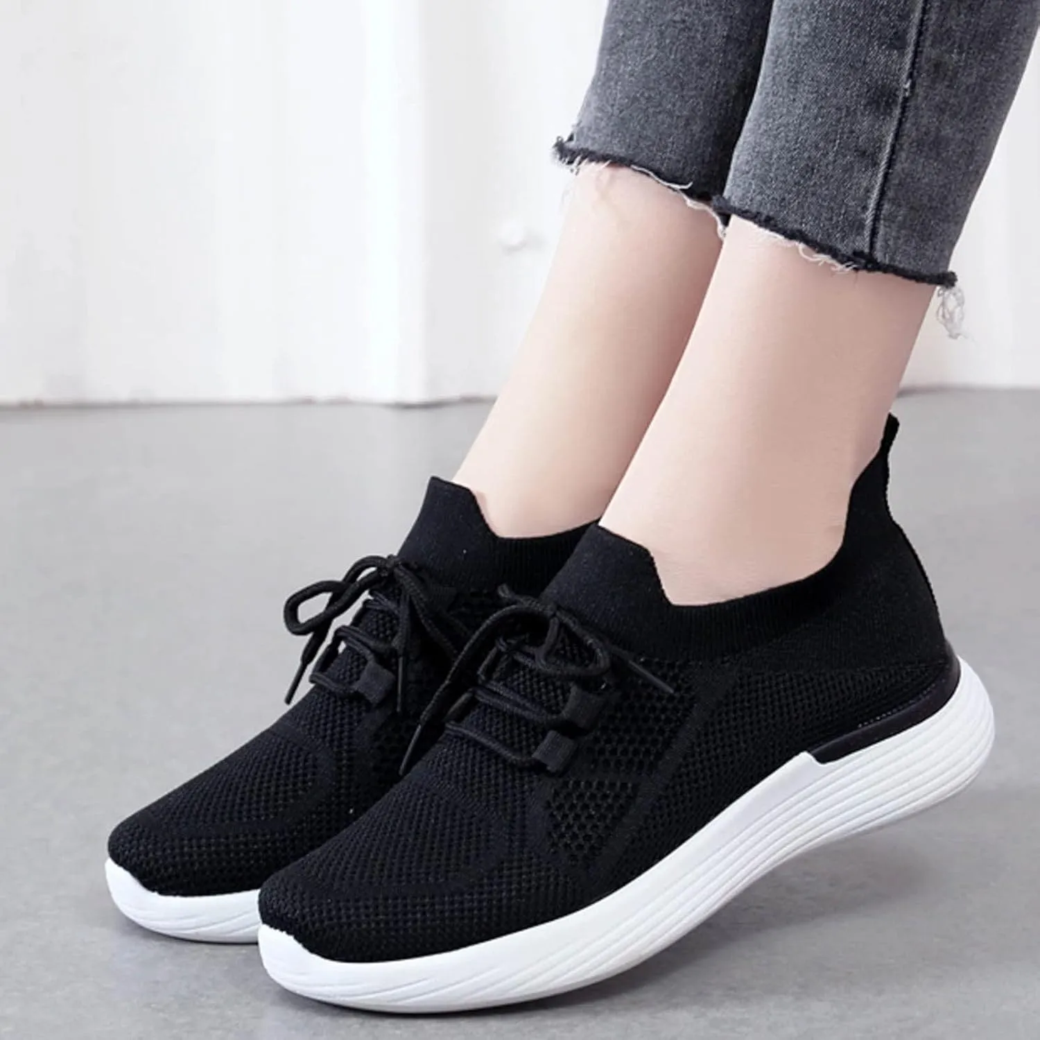 Womens Walking Shoes Wide Width Office Black Women Walking Shoes Sock Sneakers Mesh Slip On Air Womens Casual Shoes with Arch Support Womens Casual Sneakers Wide Women's Size 8 Non Slip Work Shoes
