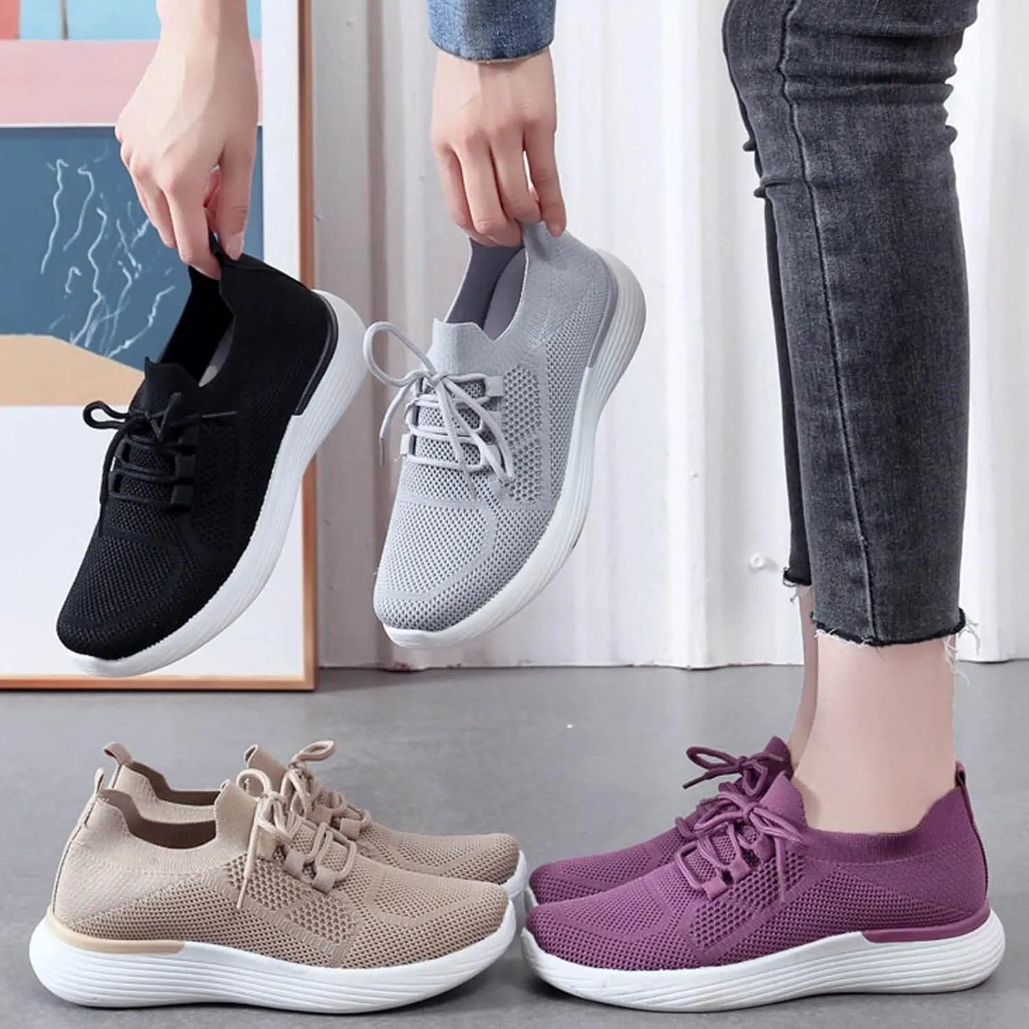 Womens Walking Shoes Wide Width Office Black Women Walking Shoes Sock Sneakers Mesh Slip On Air Womens Casual Shoes with Arch Support Womens Casual Sneakers Wide Women's Size 8 Non Slip Work Shoes